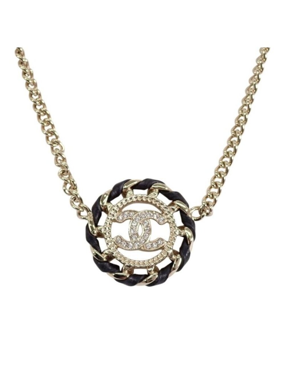 Chanel CC Logo Choker Pendant Metal Leather Strass with Champagne Gold